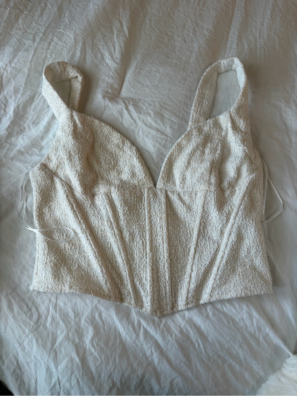 Textured Cream Bustier Crop Top with Wide Straps